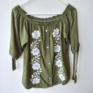 Women's Olive Green Floral Embroidered Off The Shoulder Peasant Blouse